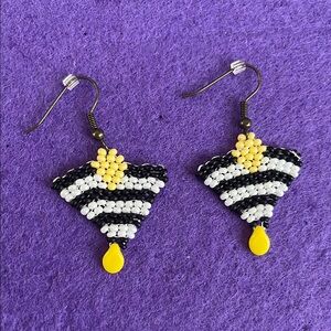 Black and White Beaded Earrings with Yellow Accents